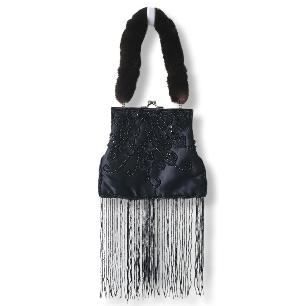 VTG Mitchie's Black Beaded Bag Mink Fur Strap Cocktail Whimsigoth Party Evening